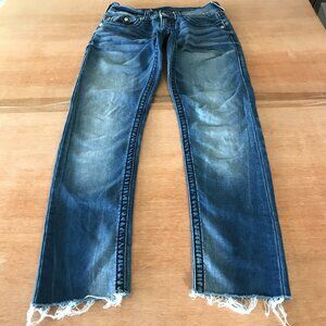 True Religion World Tour Geno Relaxed Slim Jeans Women 27 Blue Raw Hem Stretch